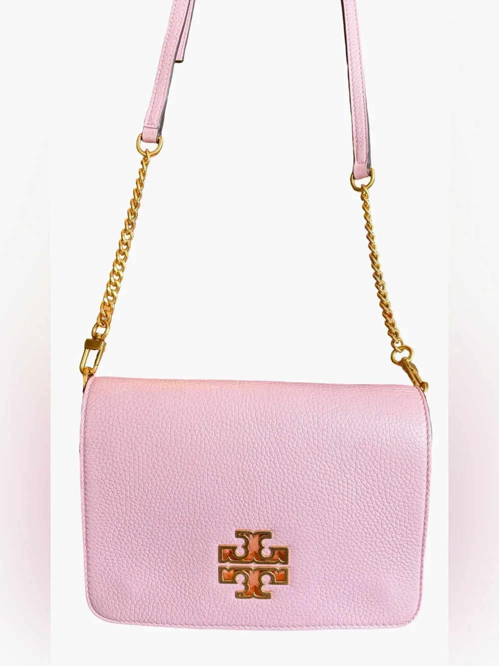 Tory Burch Britten Convertible Leather Shoulder Bag Crossbody Pink Big Gold Logo